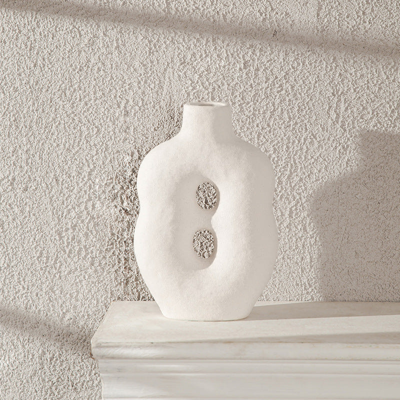 Nordic ceramic vase flower arrangement, high-end ornament, white Zen wabi-sabi art decoration, dry vase.