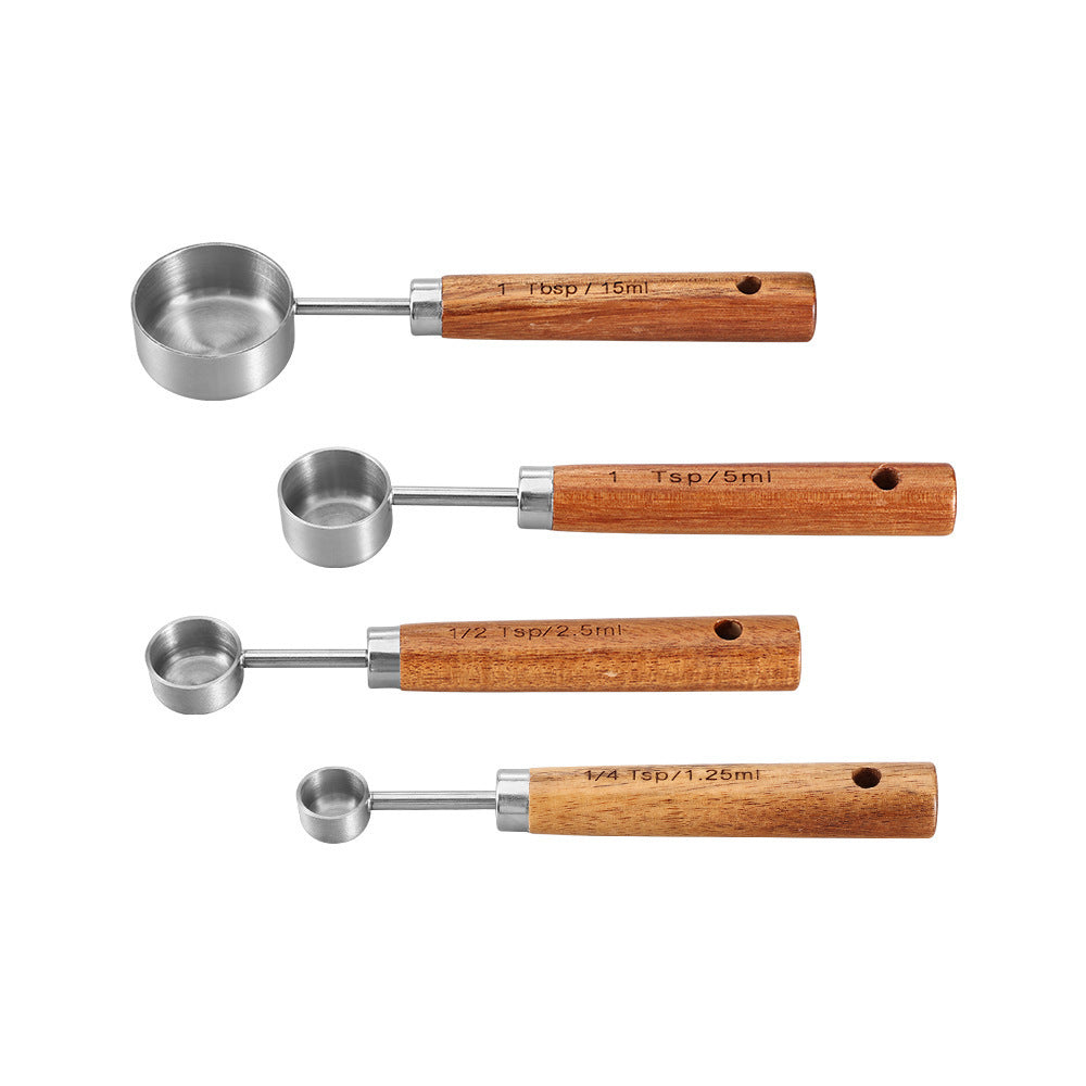 A Stainless steel measuring cup measuring spoon Acacia wooden handle baking tool