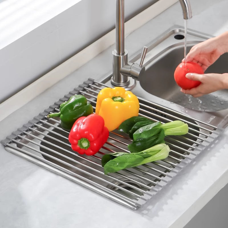 A Sink Folding Stainless Steel Drain Rack Kitchen Multifunctional Bowls Vegetables and Fruits Storage Drain Curtain