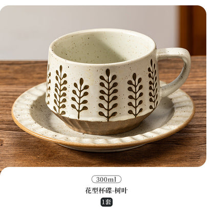 A retro stone coffee cup, premium sense, simple ceramic cup, exquisite latte latte flower cup, cappuccino mocha cup saucer