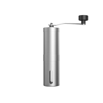 A stainless steel hand coffee grinder