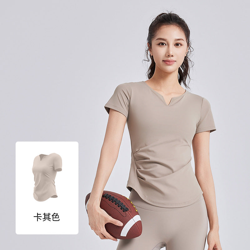 A new v-neck pleated yoga suit short-sleeved women's shock-proof fixed cup slimming sports fitness top