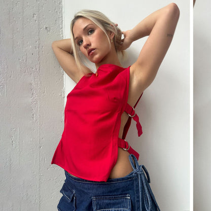 A711TP European and American cross-border 2025 spring new side lace-up sexy red top sleeveless vest Spice girl - Mixbatch