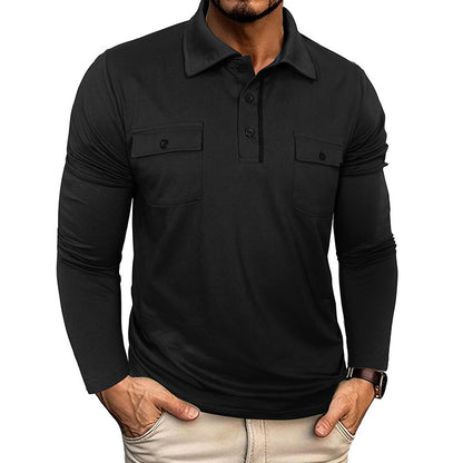 A Men's long-sleeved pocket lapel autumn and winter POLO shirt foreign trade European and American outdoor casual polo suit men's cotton top