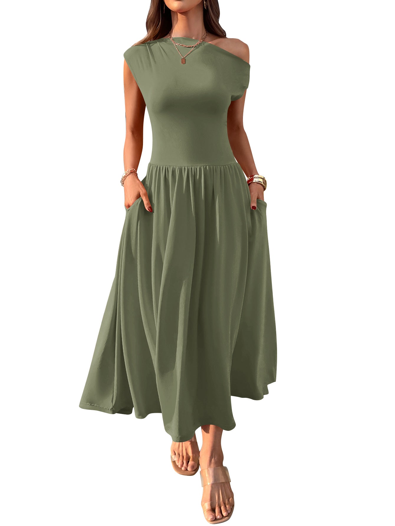 Cross-border Europe, America, Amazon Independent Station 2025 summer slanted shoulder sexy waist solid color long dress with pocket