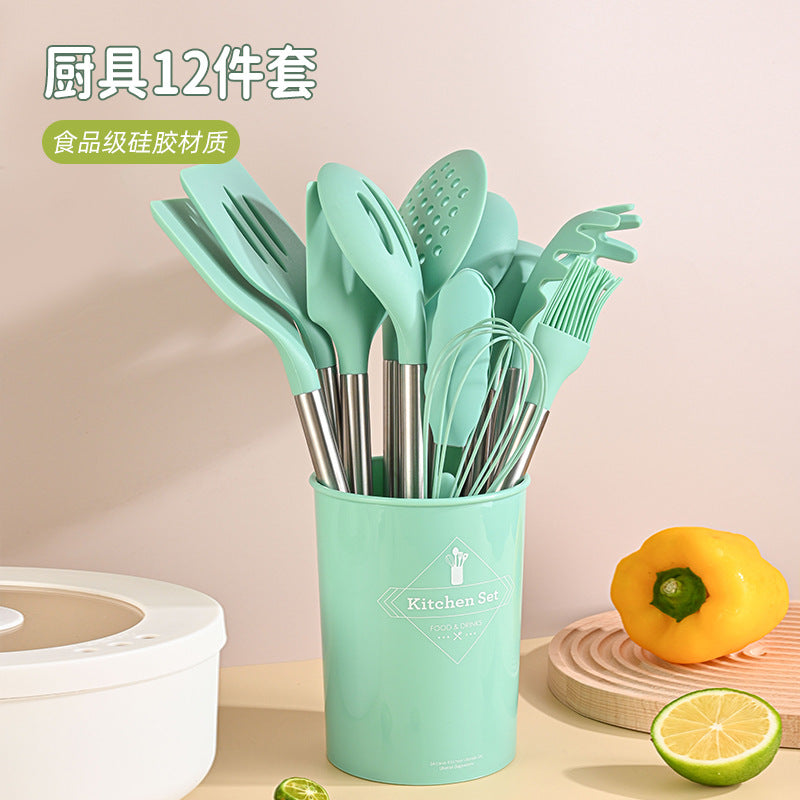A Silicone 12-piece tube handle rubber tube silicone non-stick pan food grade silicone shovel household silicone kitchen utensils