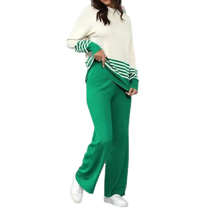 A long-sleeved striped knit two-piece set