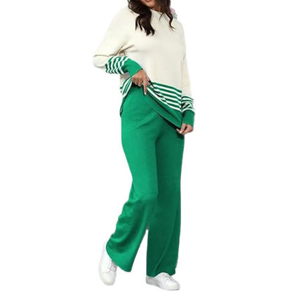 A long-sleeved striped knit two-piece set