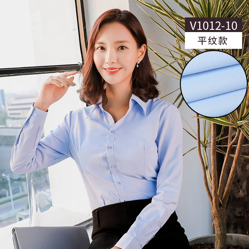 A new women's long-sleeved white shirt OL slim-fitting professional wear, interview overalls cotton V-neck shirt dress collar - Mixbatch