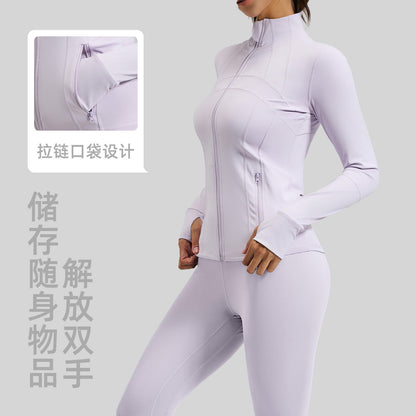 A Cross-border solid color splicing sports suit, slim fit training, fitness yoga clothes, women with pockets