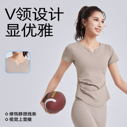 A new v-neck pleated yoga suit short-sleeved women's shock-proof fixed cup slimming sports fitness top