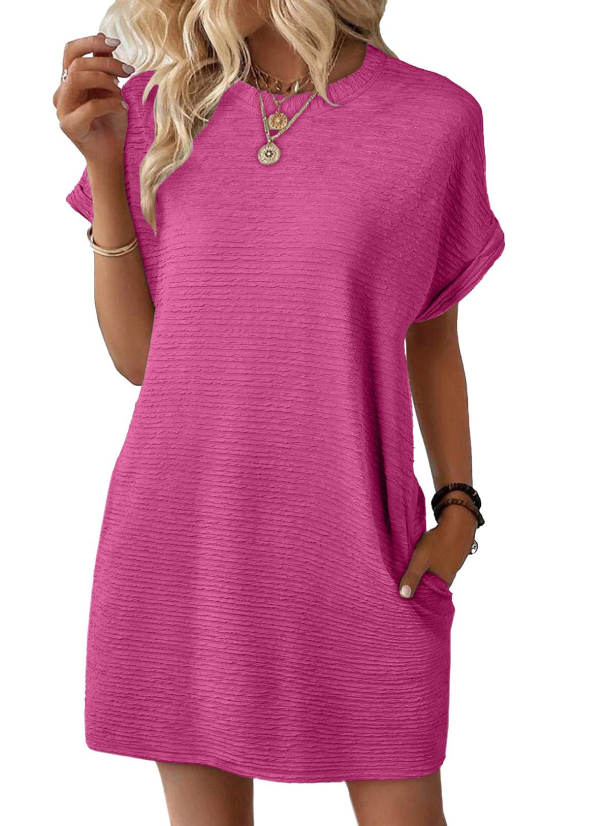 Europe, America, cross-border Amazon independent station 2025 summer new product loose round neck pocket solid color short-sleeved dress women