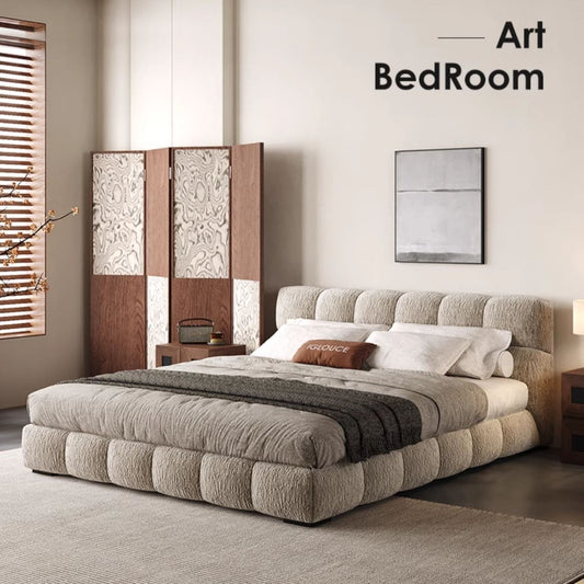 A puff bed cream retro style master bedroom light luxury high-grade chenille cloth bed Italian minimalist soft bag storage bed