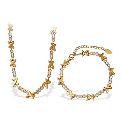A European and American fashion ins necklace bracelet set light luxury cross-border X-shaped rhinestone stainless steel plated 18K gold bracelet women