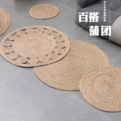 A handmade grass rattan woven carpet floor mat