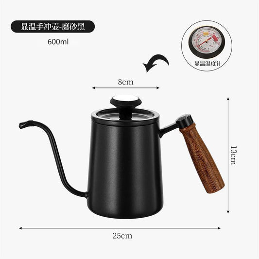 304 stainless steel hand-brewed coffee pot with lid, hanging ears, long mouth, thin mouth pot with thermometer, inner scale coffee utensils