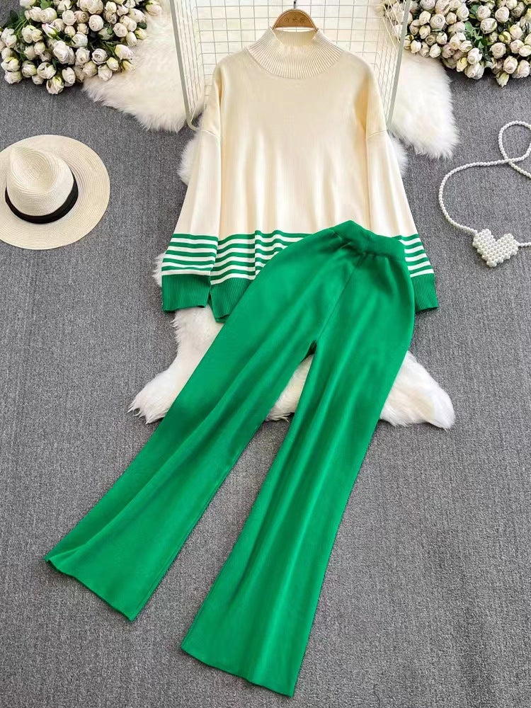 A long-sleeved striped knit two-piece set