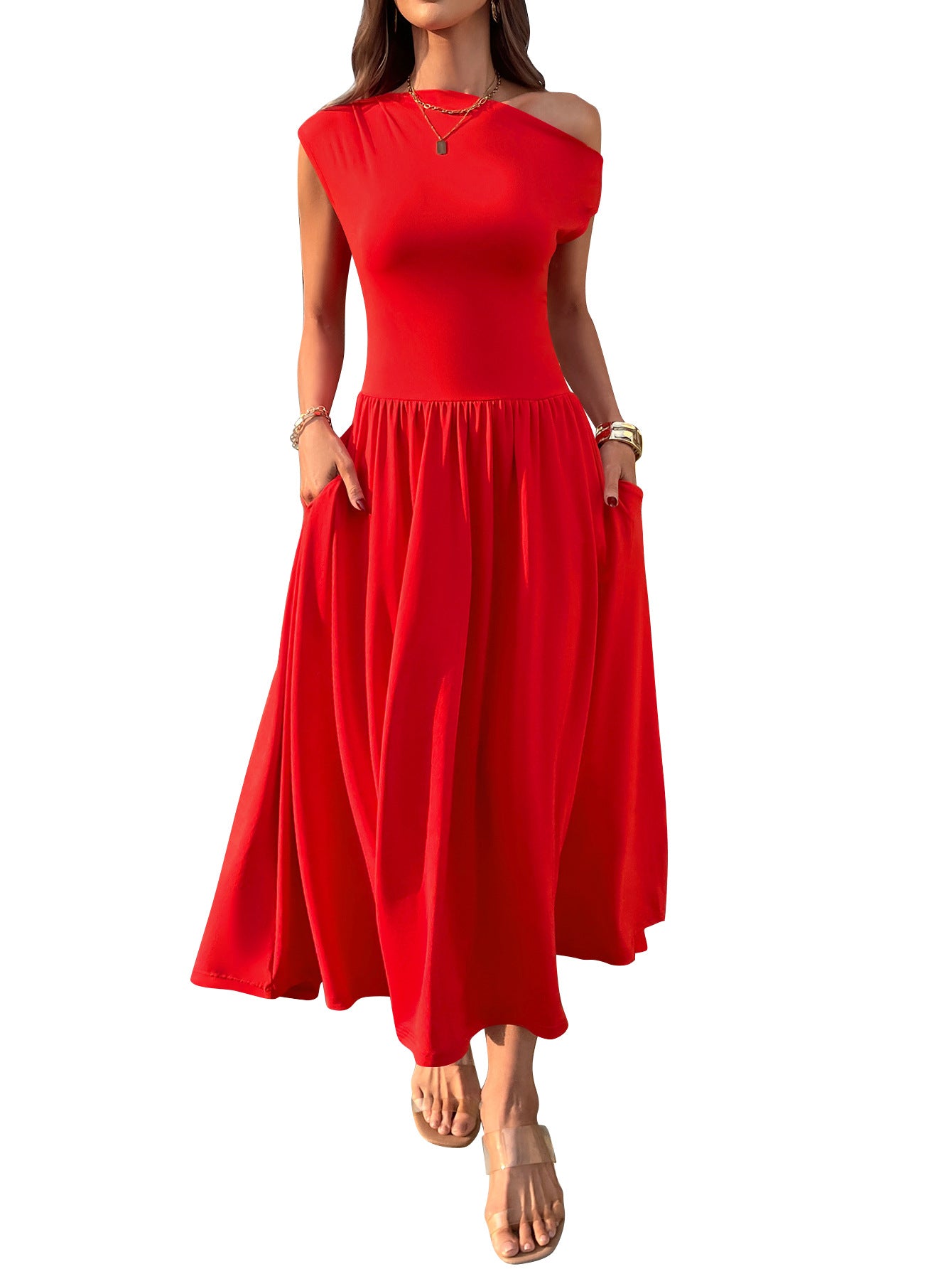 Cross-border Europe, America, Amazon Independent Station 2025 summer slanted shoulder sexy waist solid color long dress with pocket
