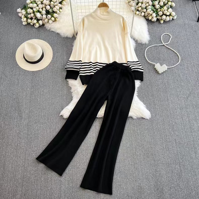 A long-sleeved striped knit two-piece set