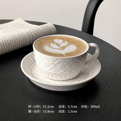 A retro stone coffee cup, premium sense, simple ceramic cup, exquisite latte latte flower cup, cappuccino mocha cup saucer