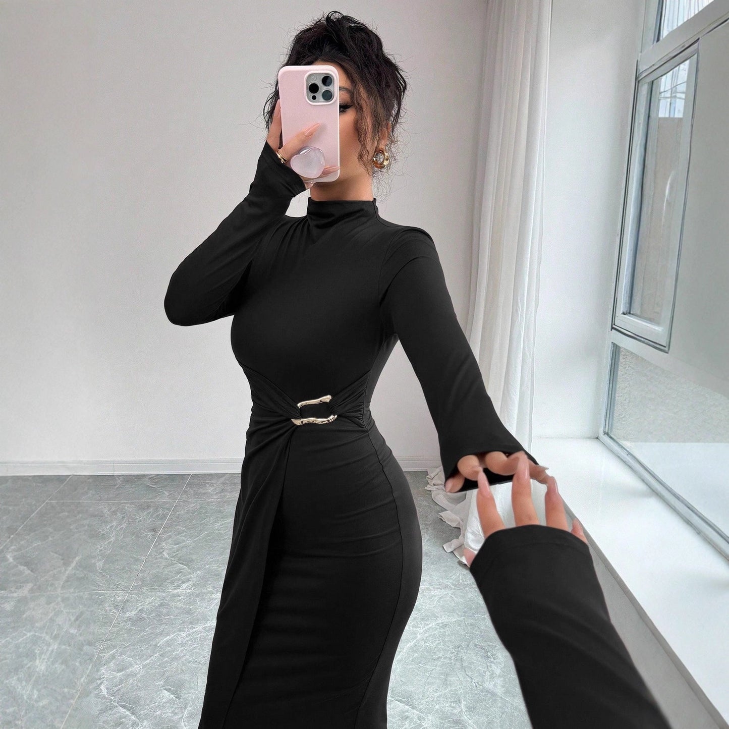 A long-sleeved dress