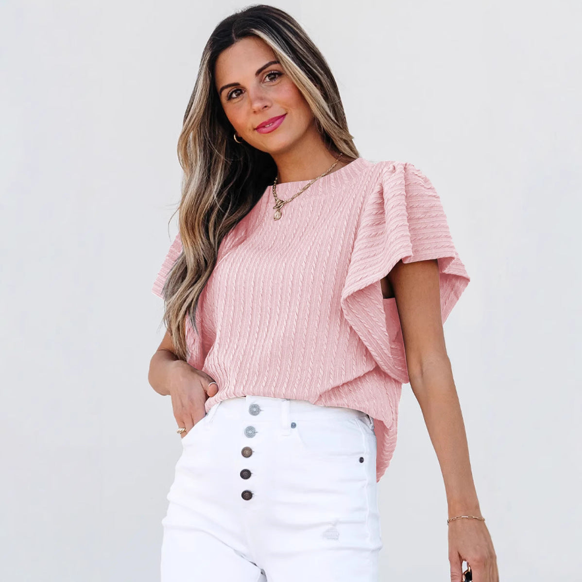 European and American cross-border Amazon independent station TK2025 summer new products women's double-layer ruffle edge short-sleeved crew neck T-shirt