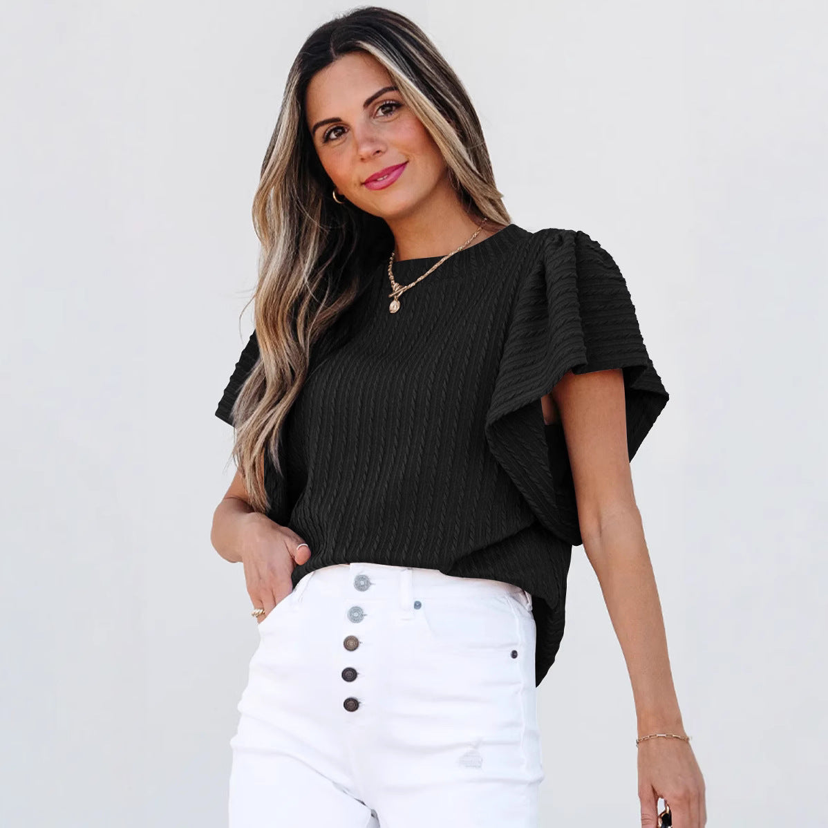 European and American cross-border Amazon independent station TK2025 summer new products women's double-layer ruffle edge short-sleeved crew neck T-shirt