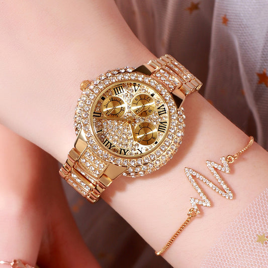 A BW elegant wrist, new bracelet set, watch manufacturer self-operated foreign trade diamond three-eye set full of diamond silver powder 8093