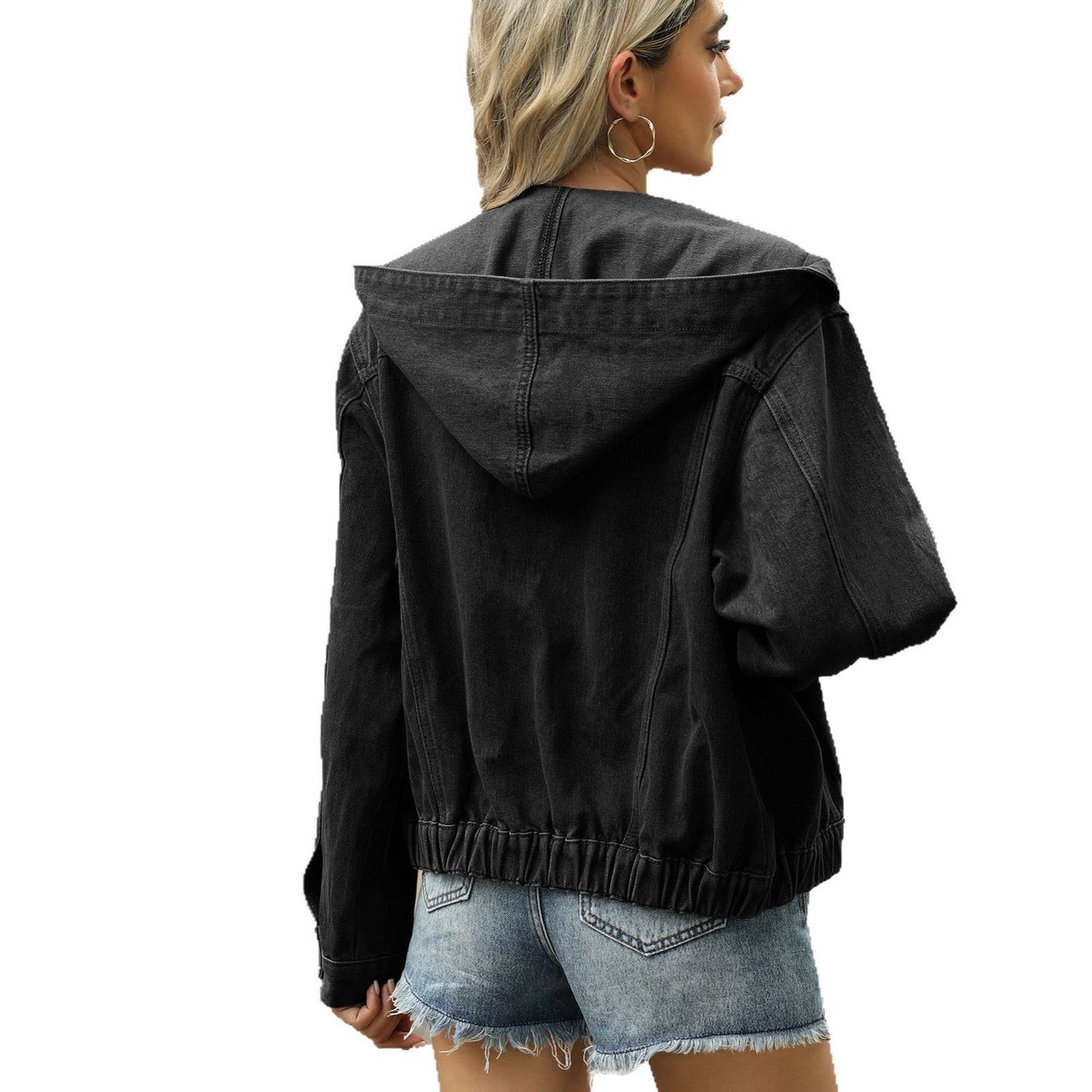 A hooded denim jacket
