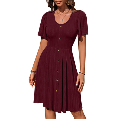 European and American cross-border 2025 Amazon summer new women's clothing round neck button elastic casual temperament short-sleeved dress
