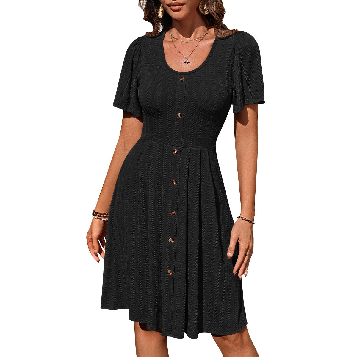 European and American cross-border 2025 Amazon summer new women's clothing round neck button elastic casual temperament short-sleeved dress