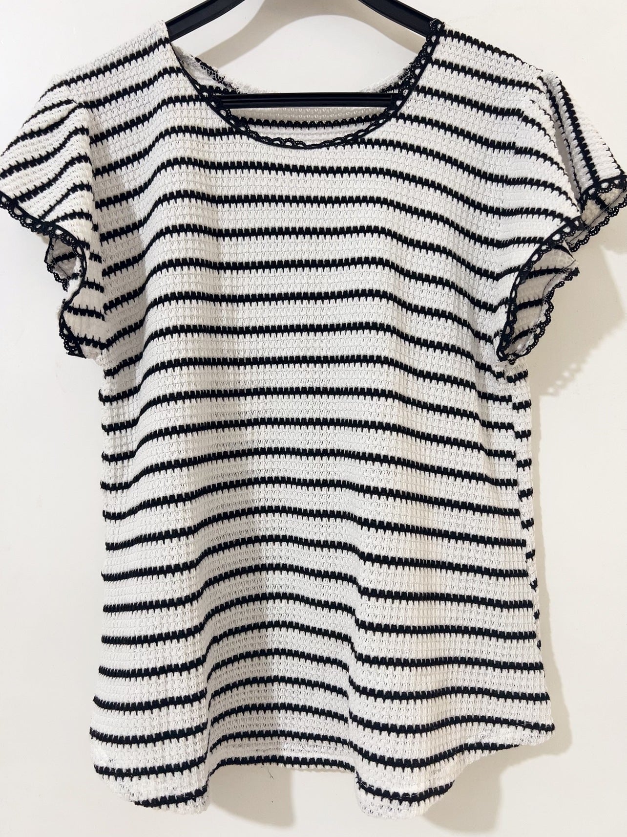 European and American cross-border Amazon's new products in the summer of 2025 women's lace round neck lotus leaf sleeve striped short-sleeved top