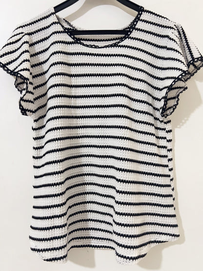 European and American cross-border Amazon's new products in the summer of 2025 women's lace round neck lotus leaf sleeve striped short-sleeved top