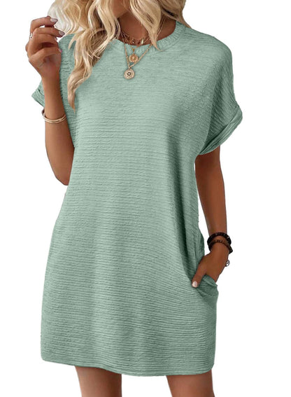 Europe, America, cross-border Amazon independent station 2025 summer new product loose round neck pocket solid color short-sleeved dress women