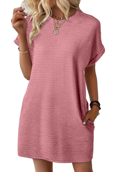 Europe, America, cross-border Amazon independent station 2025 summer new product loose round neck pocket solid color short-sleeved dress women