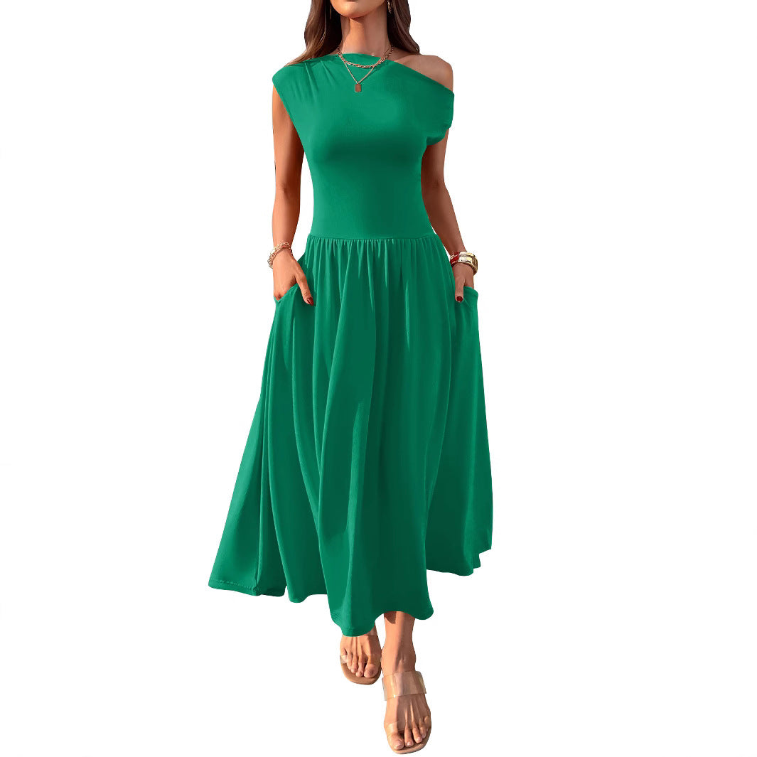 Cross-border Europe, America, Amazon Independent Station 2025 summer slanted shoulder sexy waist solid color long dress with pocket