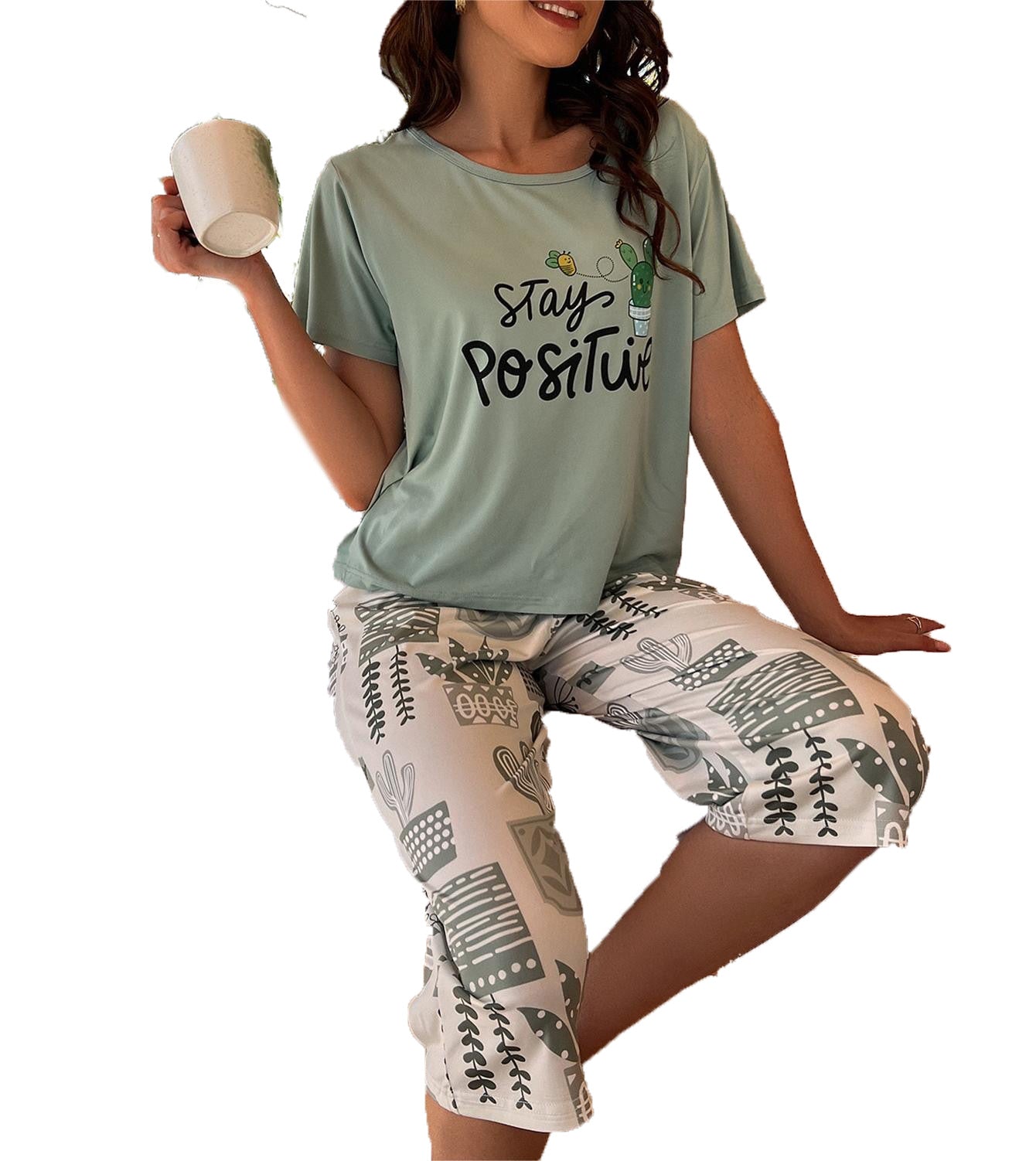 A Cross-border Amazon European and American summer pajamas women's short-sleeved T-shirt five-point pants milk silk flower loungewear women's suit - Mixbatch