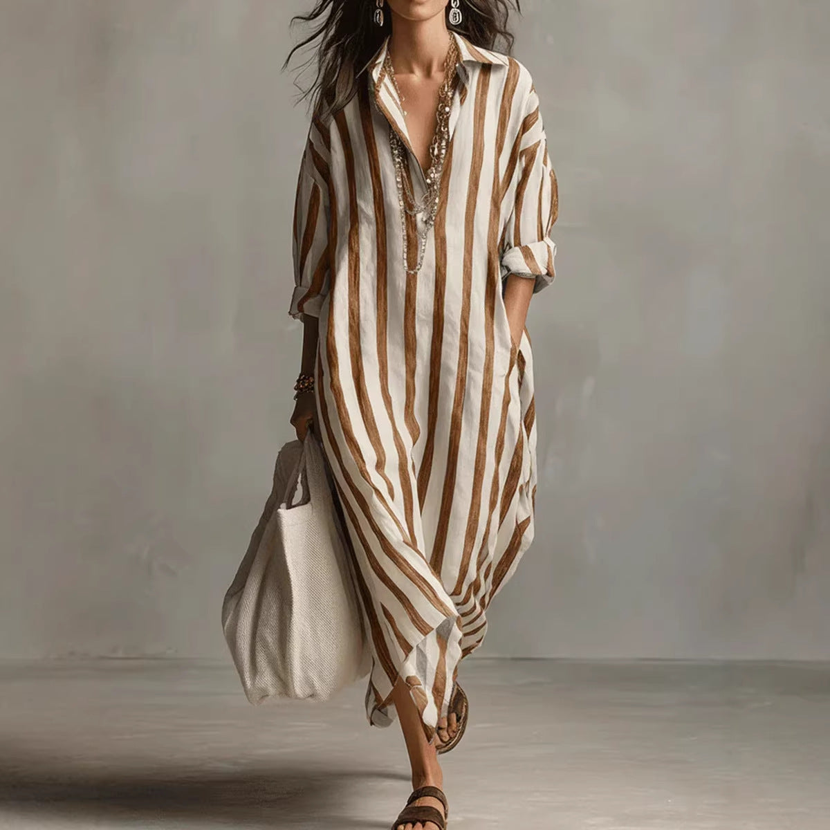 A stripe cropped sleeve shirt dress