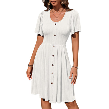 European and American cross-border 2025 Amazon summer new women's clothing round neck button elastic casual temperament short-sleeved dress