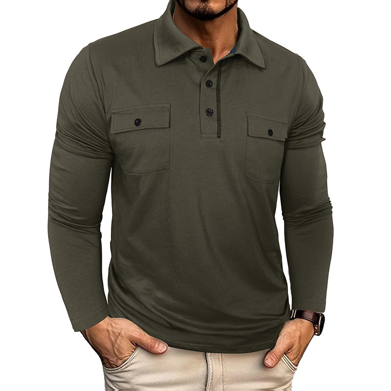 A Men's long-sleeved pocket lapel autumn and winter POLO shirt foreign trade European and American outdoor casual polo suit men's cotton top