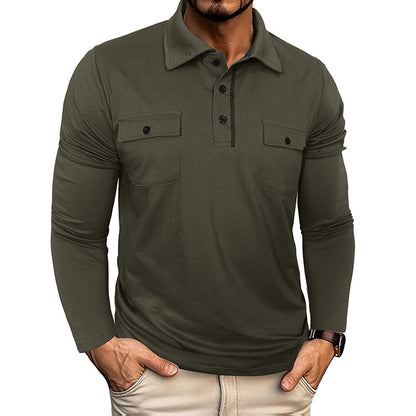 A Men's long-sleeved pocket lapel autumn and winter POLO shirt foreign trade European and American outdoor casual polo suit men's cotton top
