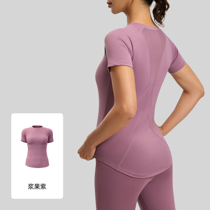 A mesh yoga short-sleeved sports fitness clothes show chest shaping breathable sports T-shirt women