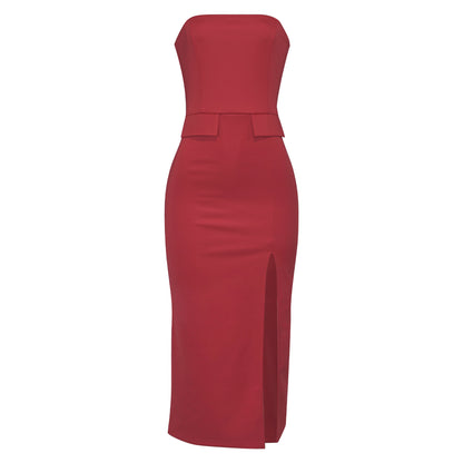 D094DS European and American cross-border 2025 new solid color pocket sleeveless sexy tube top slim high waist short A-shaped skirt - Mixbatch