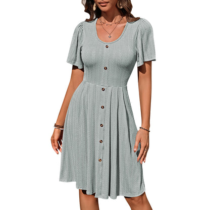 European and American cross-border 2025 Amazon summer new women's clothing round neck button elastic casual temperament short-sleeved dress