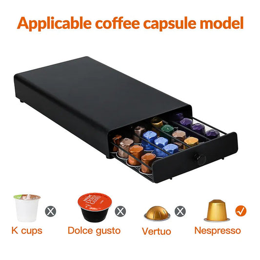 A dust-proof coffee capsule storage box, 40 nespresso drawer storage rack, black silent.