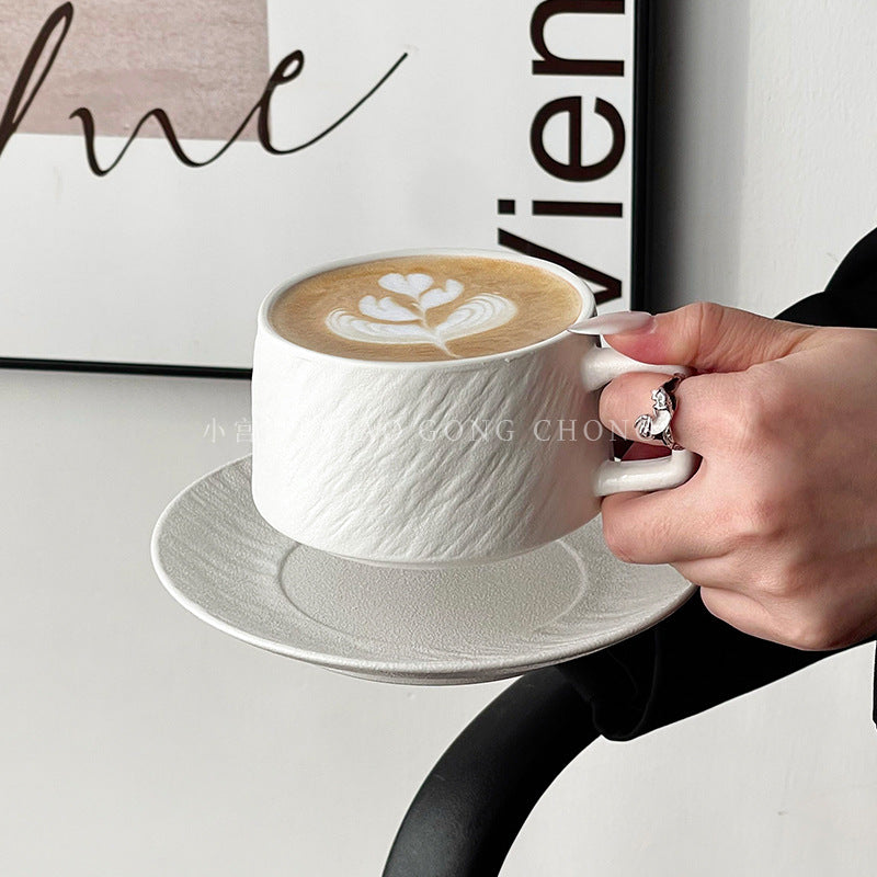 A retro stone coffee cup, premium sense, simple ceramic cup, exquisite latte latte flower cup, cappuccino mocha cup saucer