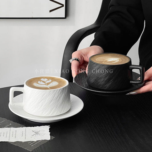 A retro stone coffee cup, premium sense, simple ceramic cup, exquisite latte latte flower cup, cappuccino mocha cup saucer