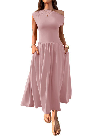 Cross-border Europe, America, Amazon Independent Station 2025 summer slanted shoulder sexy waist solid color long dress with pocket