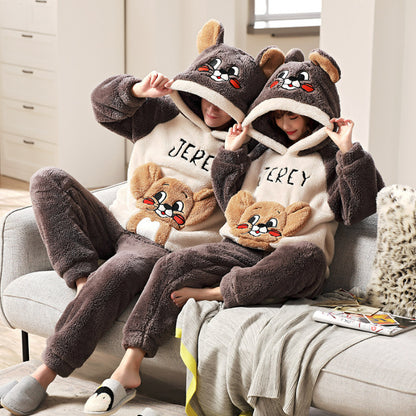 بيجامات شتوية وشتوية من الصوف المرجاني، بأكمام طويلة وغطاء رأس، مصنوعة من الفلانيل السميك برسومات كرتونية، مناسبة للارتداء المنزلي، طقم دافئ 