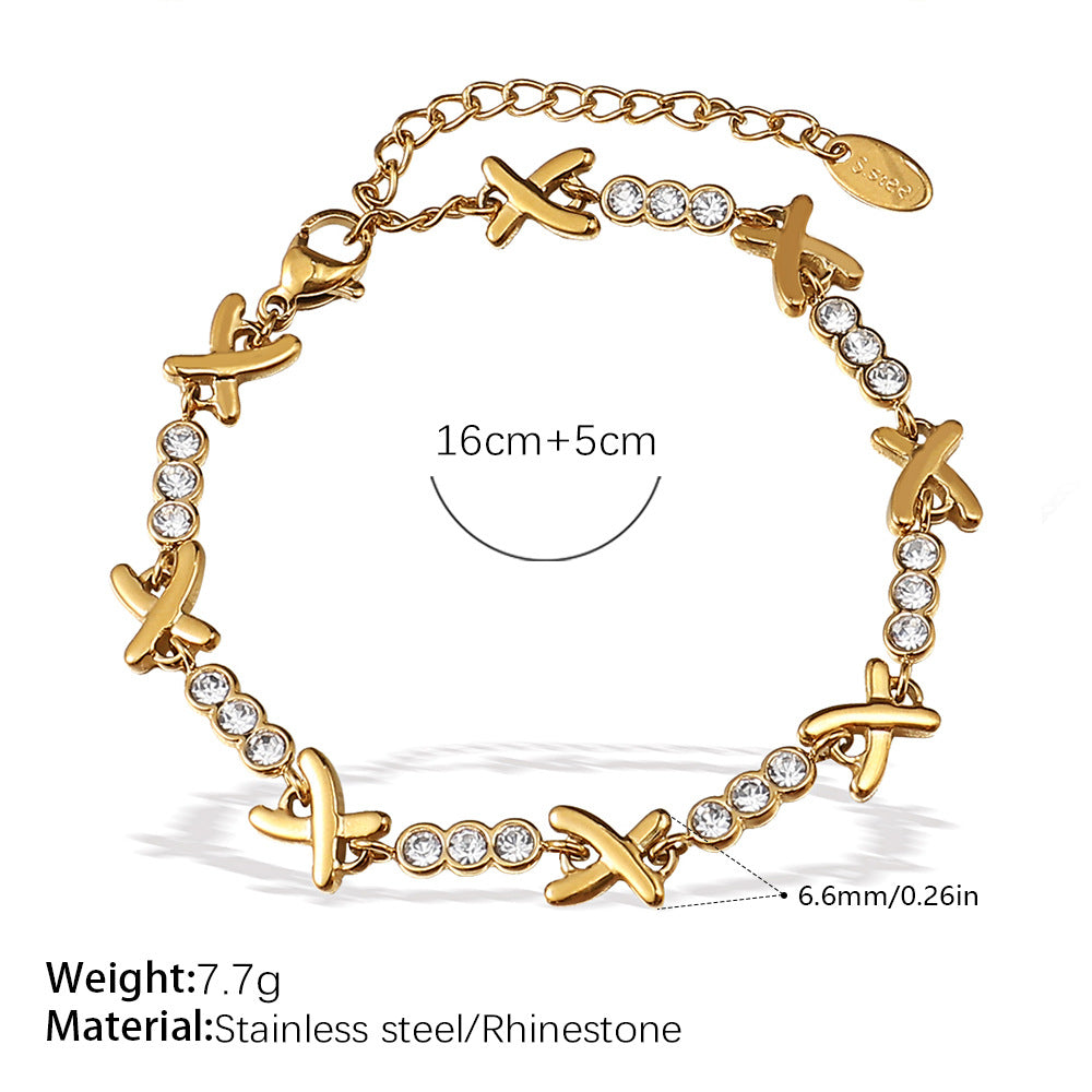 A European and American fashion ins necklace bracelet set light luxury cross-border X-shaped rhinestone stainless steel plated 18K gold bracelet women